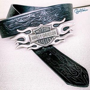 HARLEY-DAVIDSON Flame Tooled Black Leather Belt & Belt Buckle Size 36